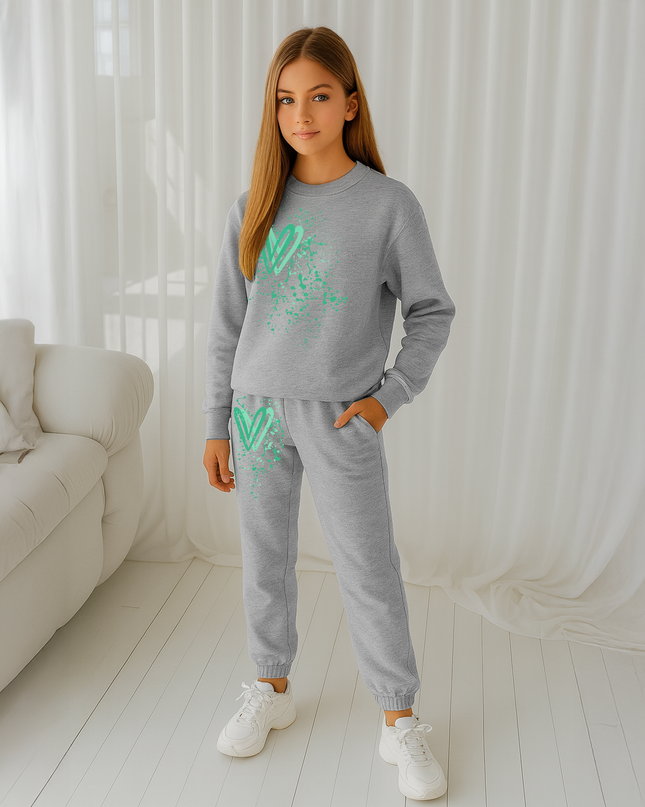 Green Hearts Printed Sweatshirt Tracksuit Kids