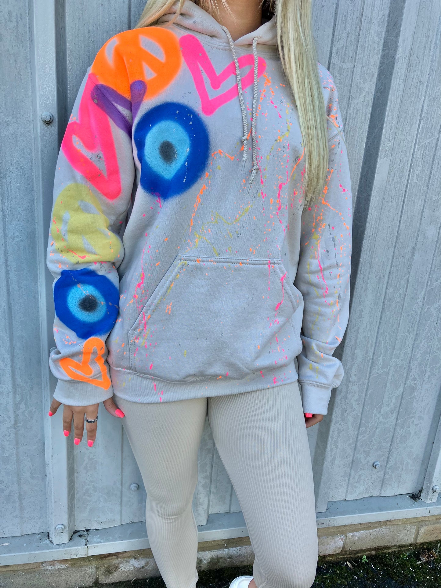 Beige Evil Eye, Peace, Heart Hoodie And Legging Set