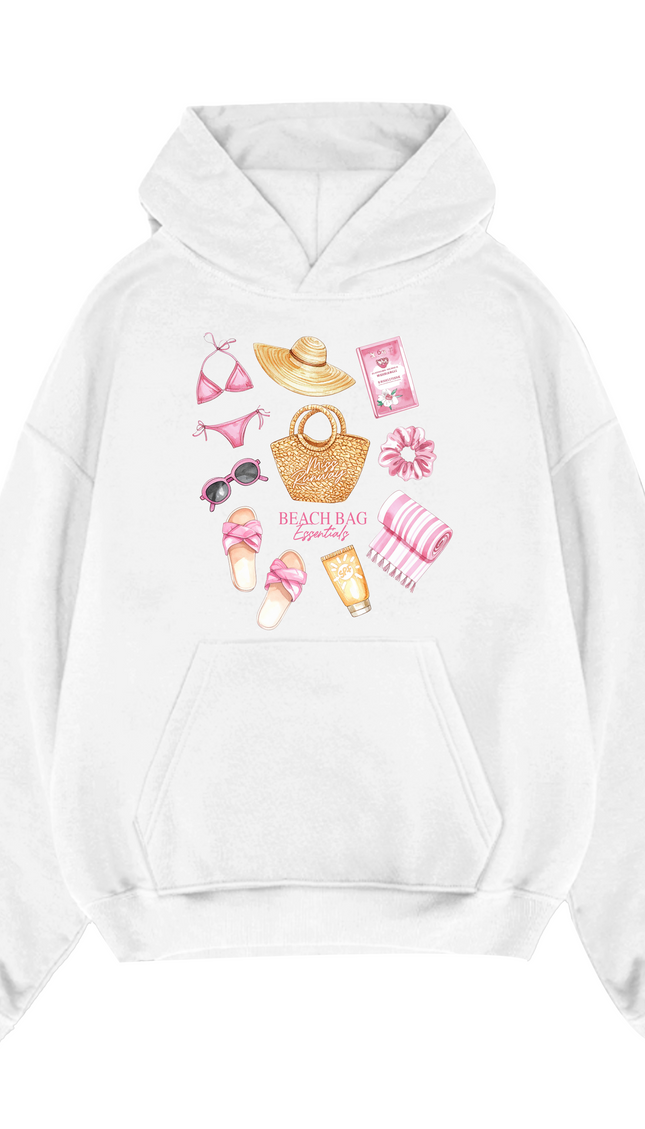 Beach Bag Essentials Hoodie – adult printed hoodie by Miss Runway
