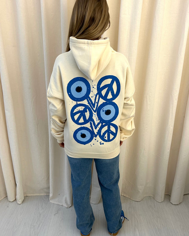 Evil Eye, Peace, Heart Printed Ruched Hoodie