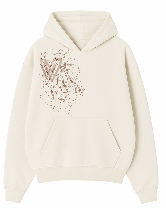 Beige Zig Zag Heart Printed  Hoodie Kids