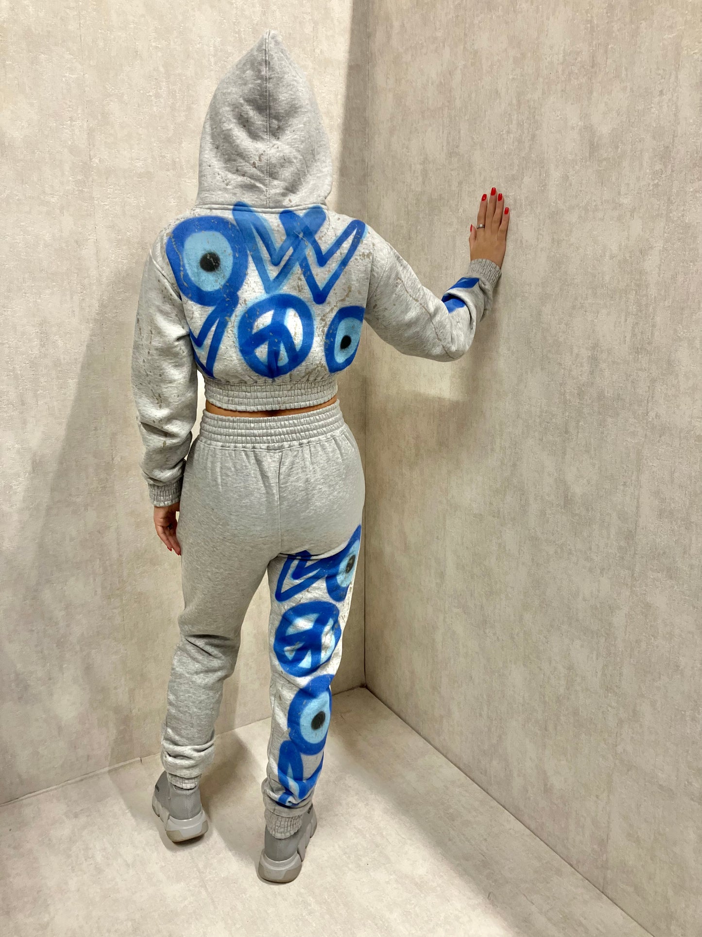 Evil Eye, Peace,Heart Cropped Hooded Tracksuit Grey