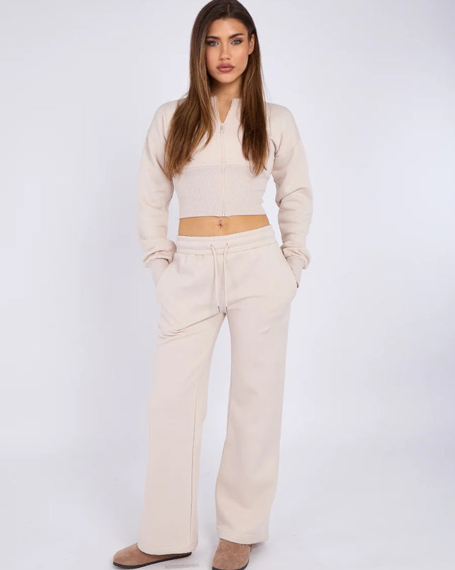 Cropped Zip Up Sweatshirt & Wide Leg Trouser Tracksuit Stone