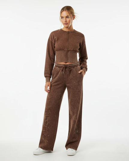 Acid Wash Cropped Zip Up Tracksuit Brown