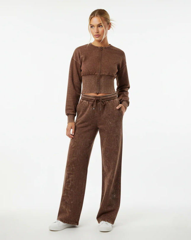 Acid Wash Cropped Zip Up Tracksuit Brown