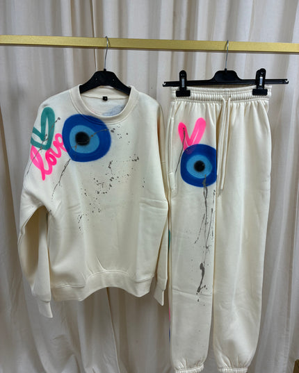 Neon Pink Love, Peace, Evil Eye Spray Painted Sweatshirt Tracksuit Adult
