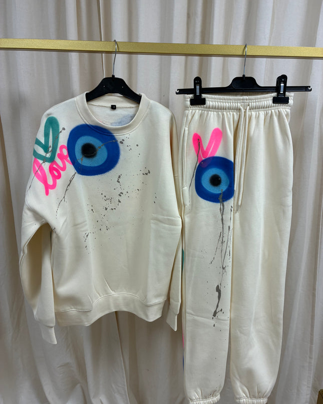 Neon Pink Love, Peace, Evil Eye Spray Painted Sweatshirt Tracksuit Adult