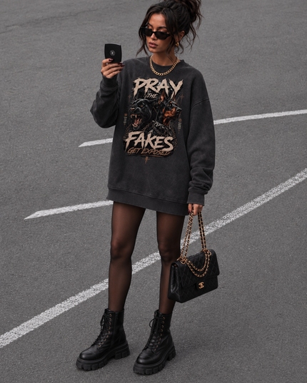 Pray The Fakes Get Exposed Acid Wash Sweatshirt – alternate view