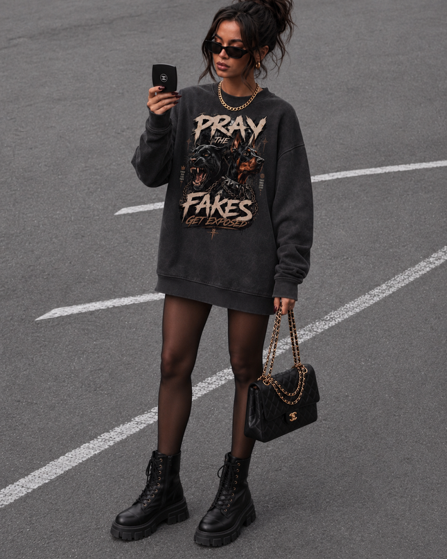 Pray The Fakes Get Exposed Acid Wash Sweatshirt