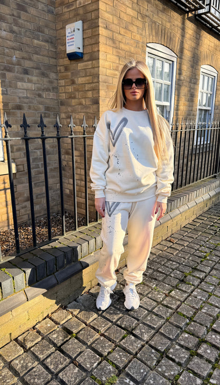 Grey Heart Cream Sweatshirt Tracksuit