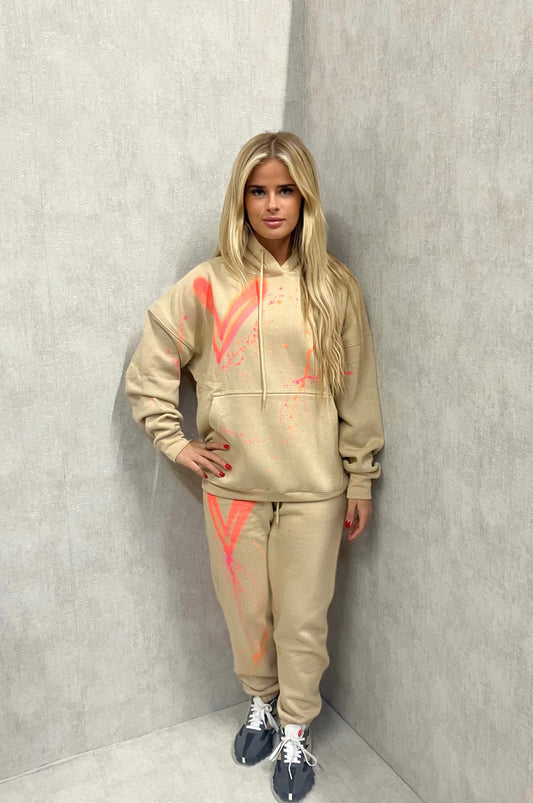 Neon Heart Beige Hooded Tracksuit