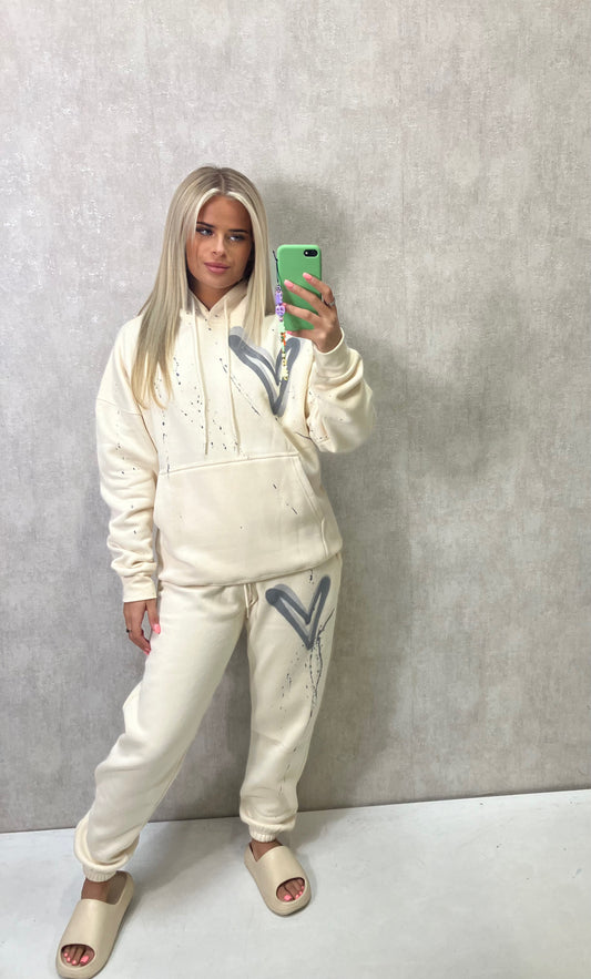 Grey Heart Sprayed Cream Hooded Tracksuit