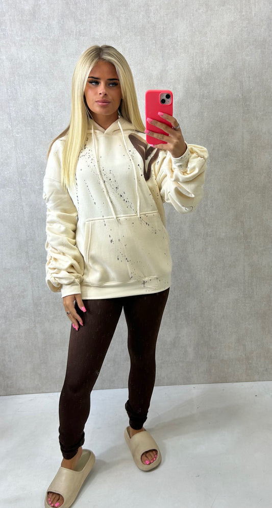 Brown Heart Sprayed Ruched Hoodie And Brown Legging Set