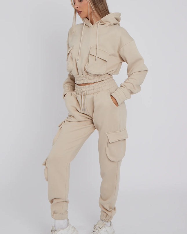 Cargo Pockets Fleece Tracksuit Beige
