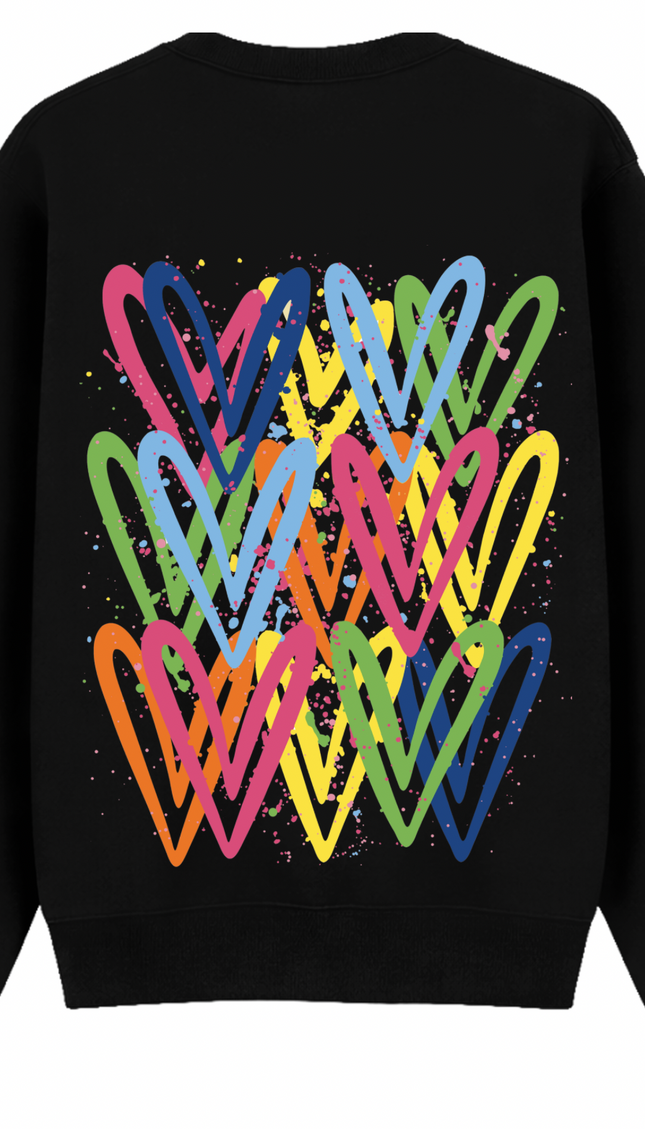 Multicoloured graffiti heart sweatshirt with spray paint effect print – women's sweatshirt by Miss Runway
