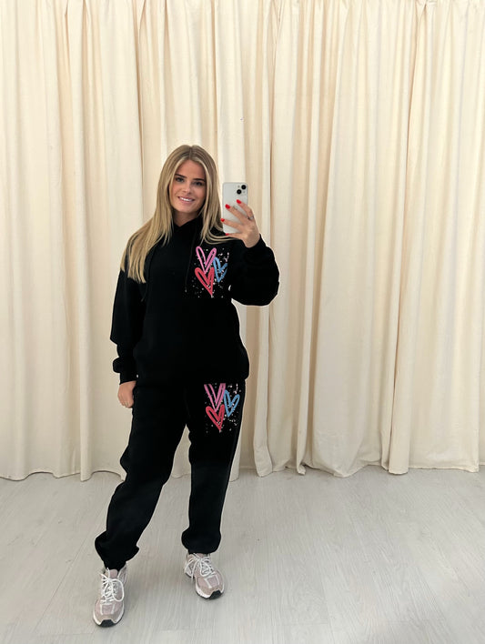 Miss Runway Multicolour Heart Graffiti Hooded Tracksuit Black