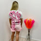 Evil Eye/Peace/Heart Pink Denim Sprayed Shorts