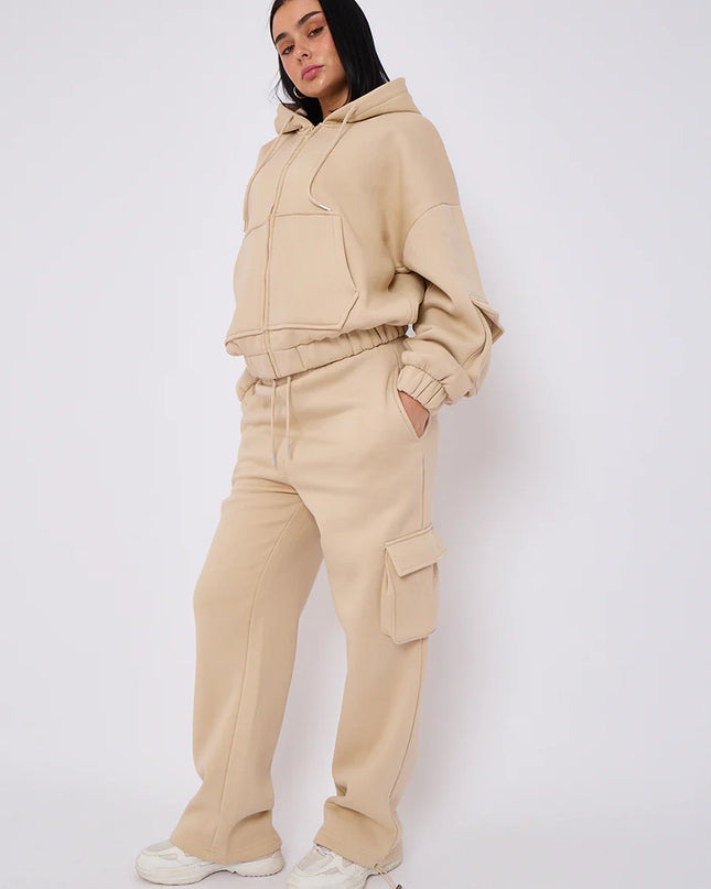 Cargo Style Zip Hooded Tracksuit Beige