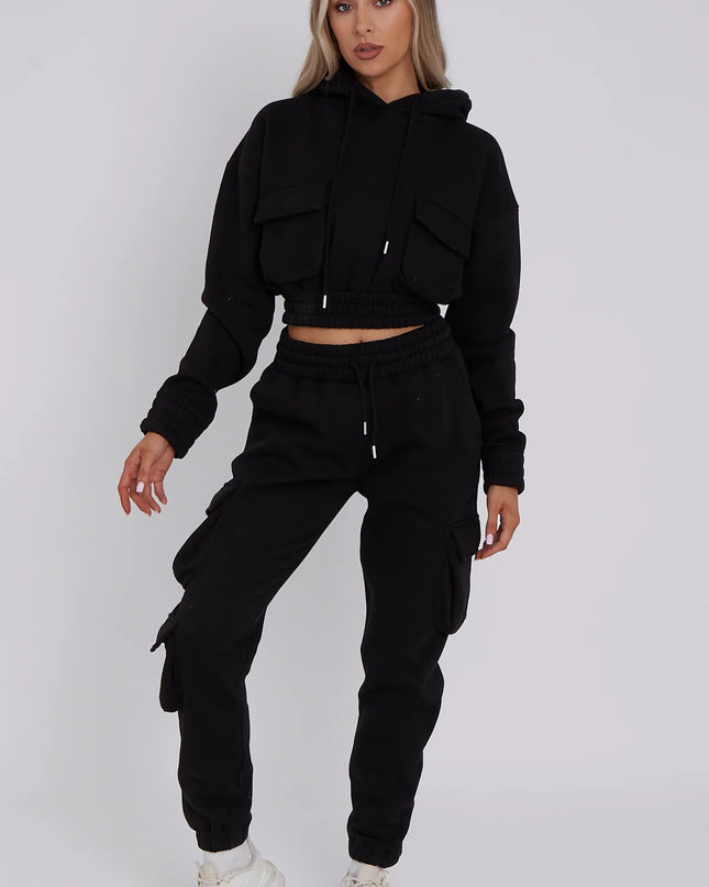 Cargo Pockets Fleece Tracksuit Black