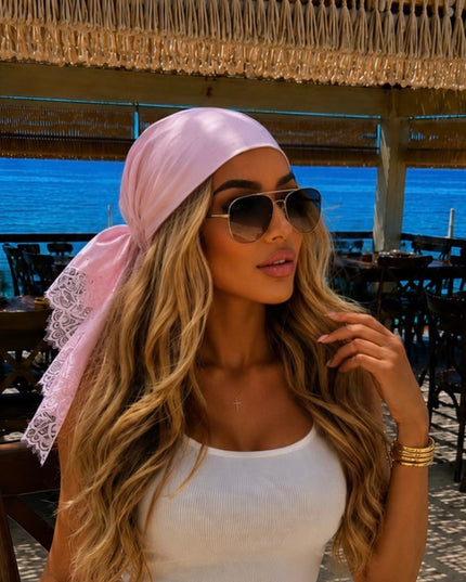 Sun-kissed Soleil Satin Headscarf With Lace Edge Pink (Pre order 22nd June)