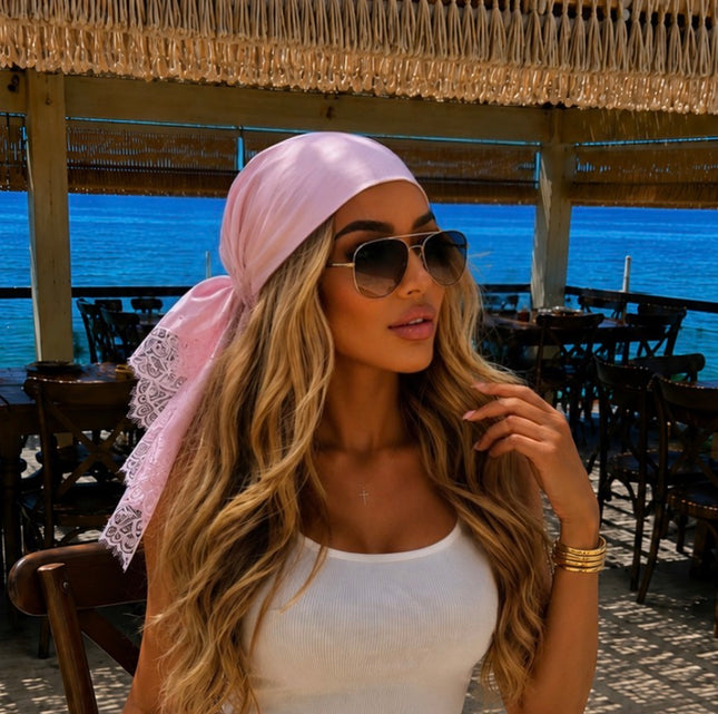 Sun-kissed Soleil Satin Headscarf With Lace Edge Pink (Pre order 22nd June)