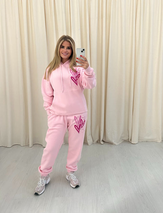 Miss Runway Pink Heart Graffiti Hooded Tracksuit Pink