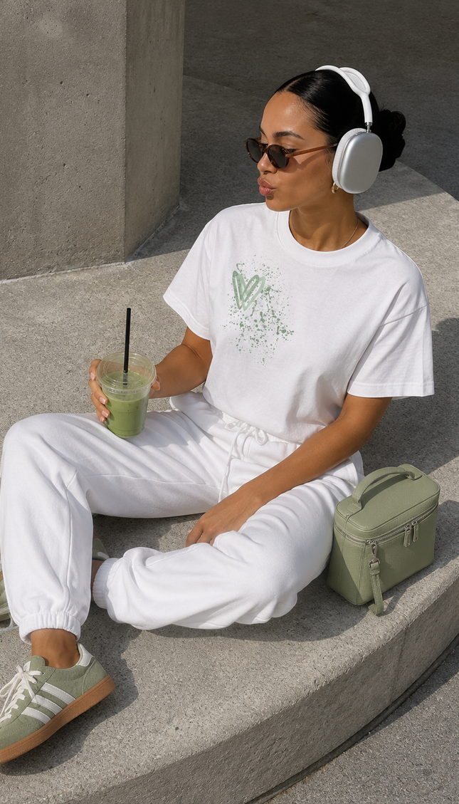 Sage Green Paisley graffiti heart T-shirt with spray paint effect print – women's T-shirt by Miss Runway