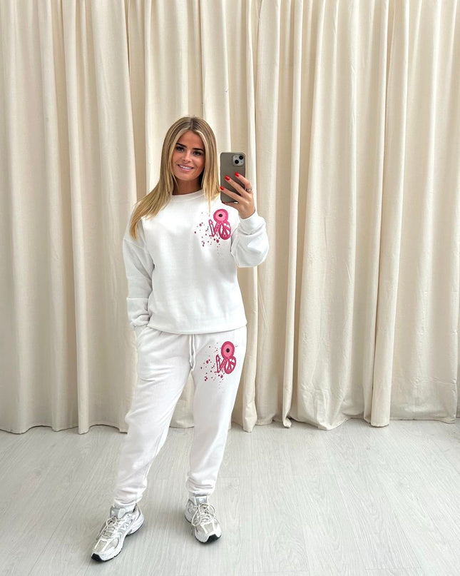 Pink Evil Eye, Peace, Heart Graffiti Sweatshirt Tracksuit White