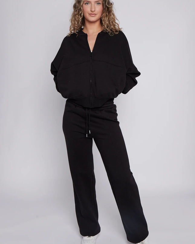 Oversized Bomber Style Fleece Zipper Co-ord Black