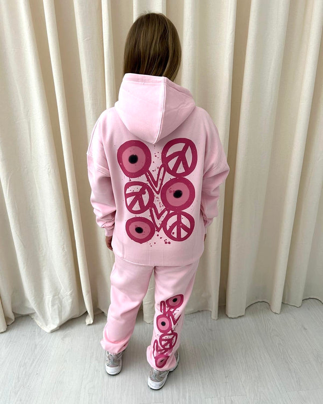 Pink Evil Eye, Peace, Heart Graffiti Hooded Tracksuit Pink