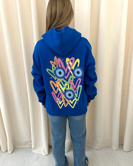 Neon Heart Evil Eye Printed Ruched Hoodie