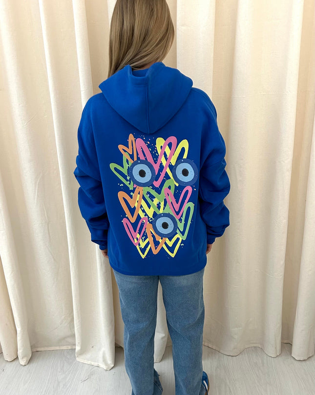 Neon Heart Evil Eye Printed Ruched Hoodie