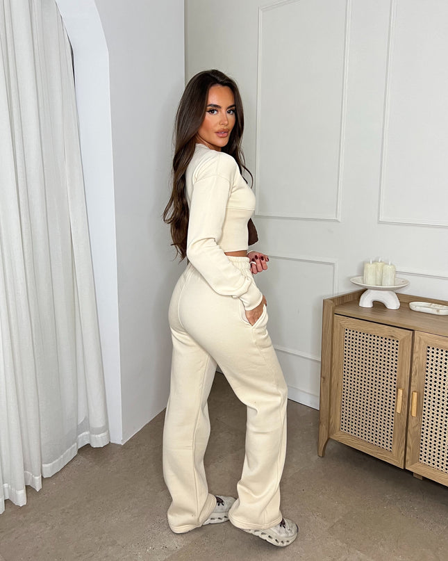 Cropped Zip Up Sweatshirt & Wide Leg Trouser Tracksuit Cream