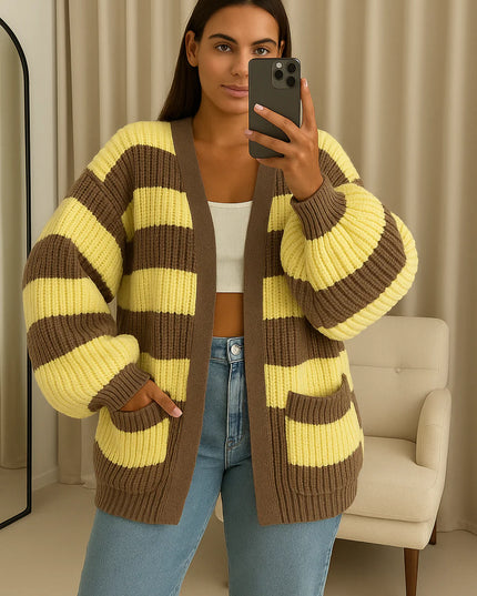 Knitted Striped Cardigan Lemon/Mocha