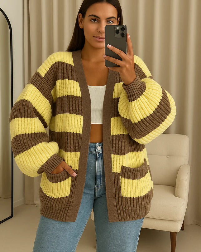 Knitted Striped Cardigan Lemon/Mocha