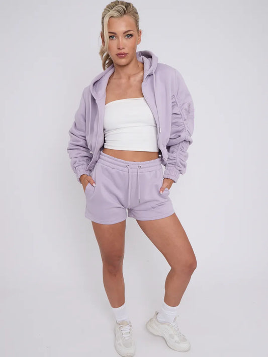 Cropped Zip Up Ruched Sleeve Hoodie & Shorts Fleece Co-ord Lilac