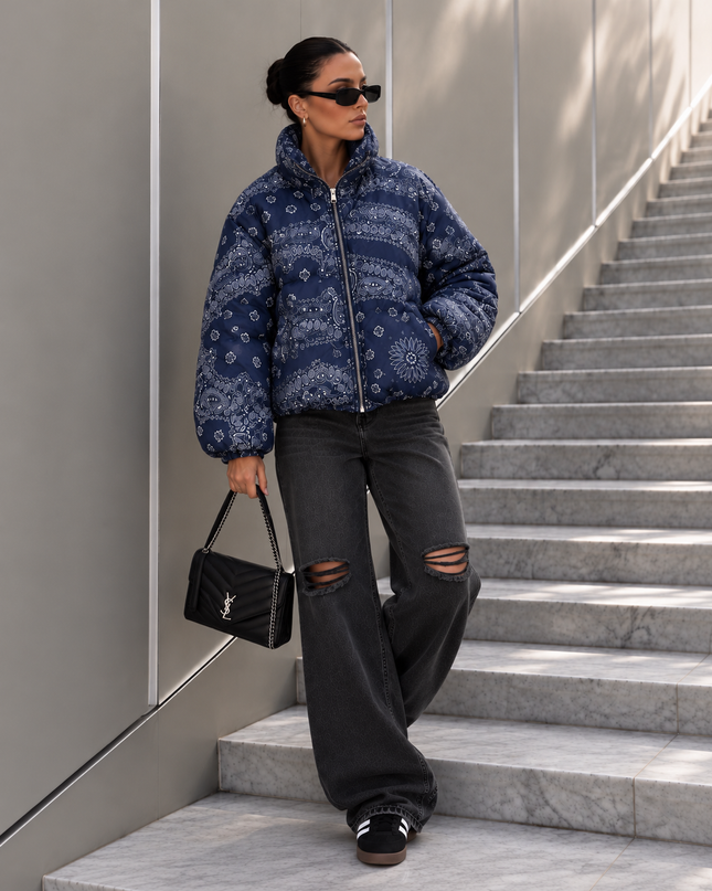 Paisley Puffer Jacket in Navy – women's one size puffer coat by Miss Runway