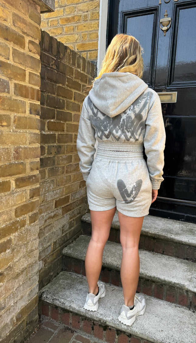 Grey Heart Cropped Zip Up Hooded Short Set