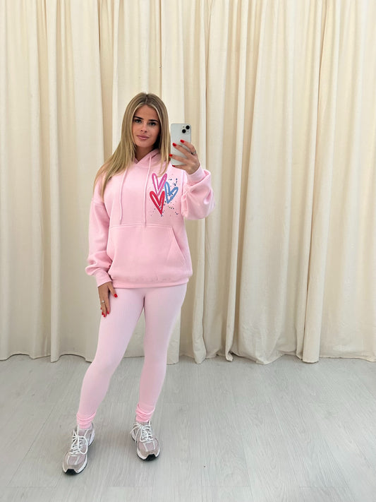 Miss Runway Multicolour Heart Graffiti Hoodie And Legging Set Pink