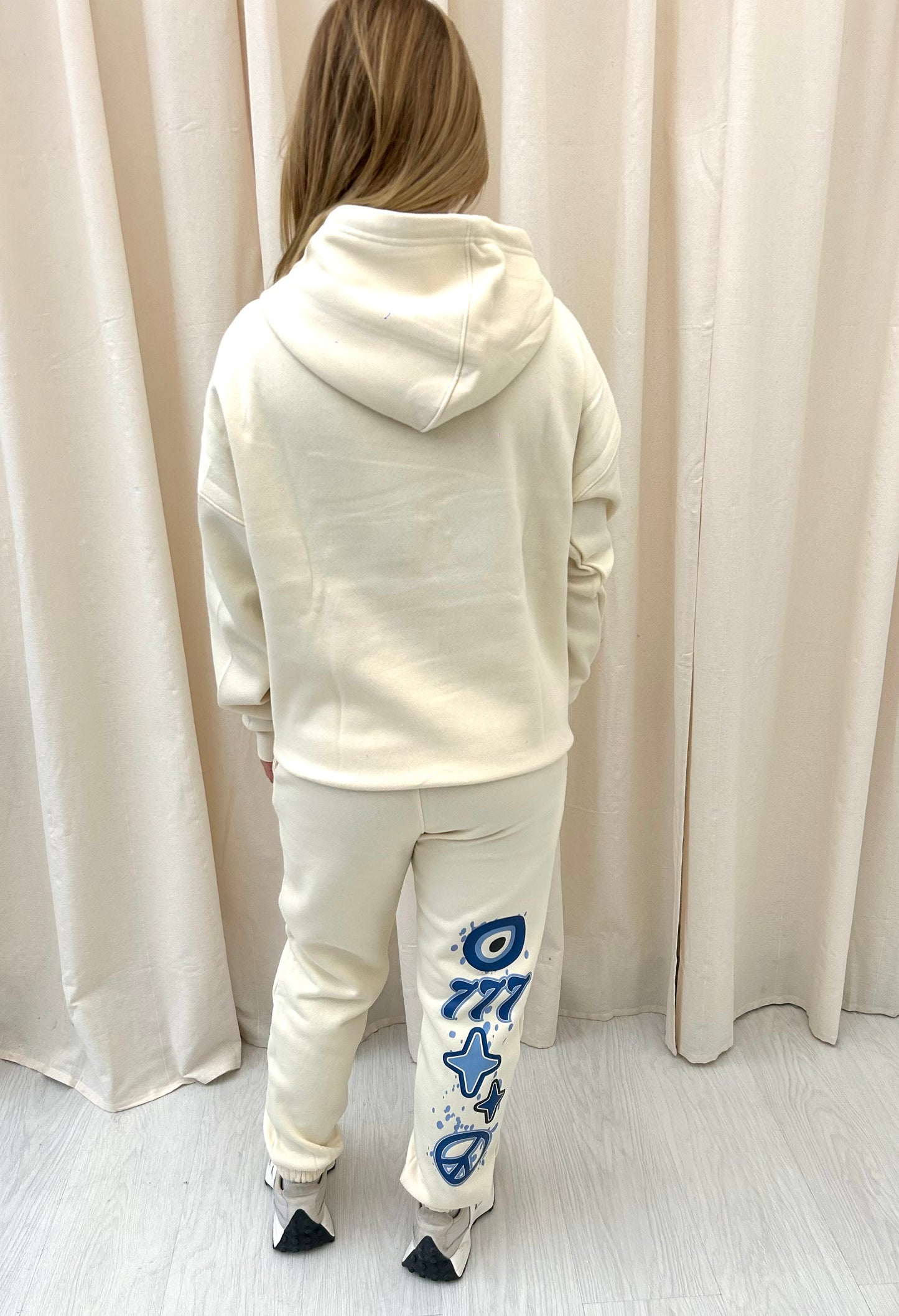 Angel Numbers Protect Your Energy Graffiti Hooded Tracksuit Cream-Blue