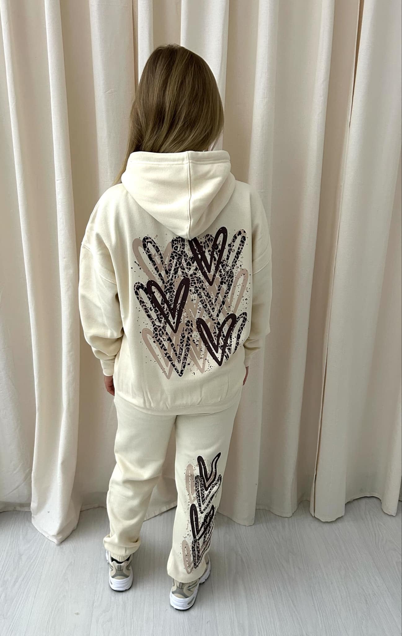 Brown Leopard Print Heart Graffiti Hooded Tracksuit Cream