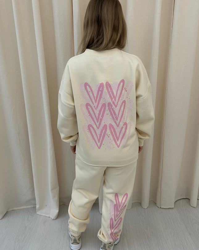 Pink Heart Graffiti Sweatshirt Tracksuit Cream