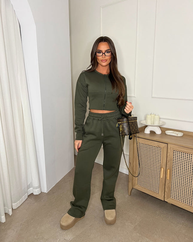 Cropped Zip Up Sweatshirt & Wide Leg Trouser Tracksuit Khaki