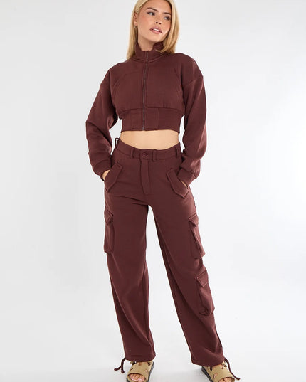 Cropped Zip Up Sweatshirt & Cargo Trouser Tracksuit Brown