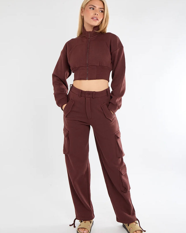 Cropped Zip Up Sweatshirt & Cargo Trouser Tracksuit Brown