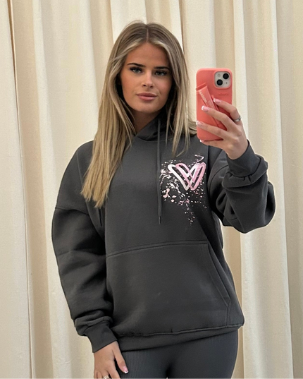 Pink Heart Graffiti Hoodie Charcoal Grey