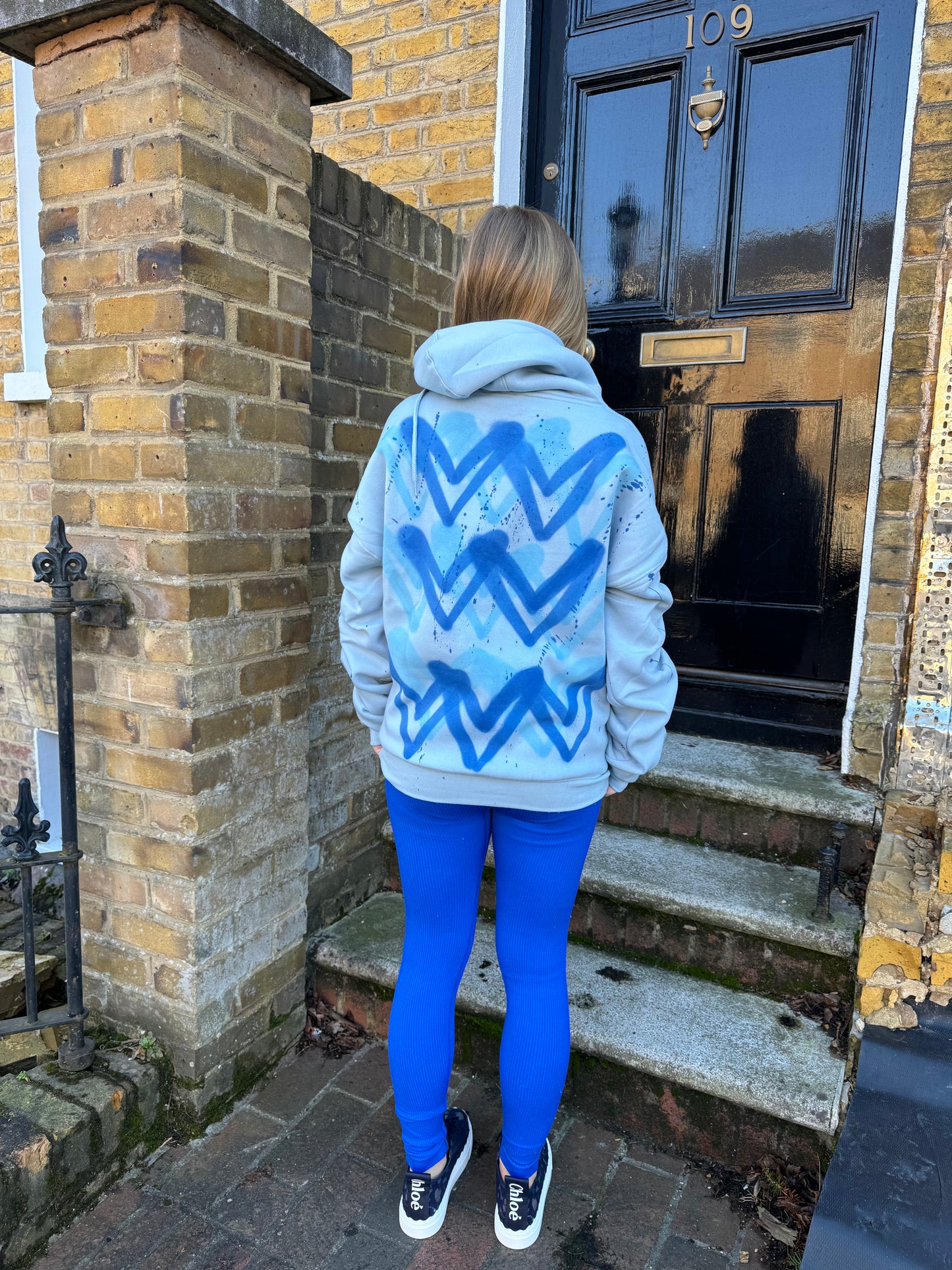 Blue Heart Sprayed Blue Ruched Hoodie And Legging Set