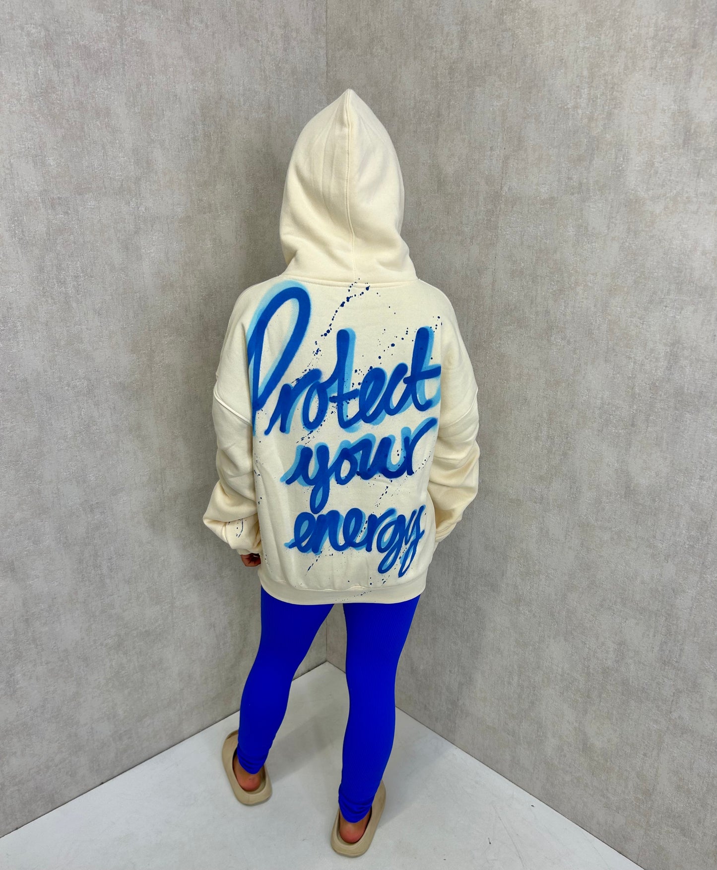 Protect Your Energy Sprayed Ruched Hoodie And Royal Blue Legging Set