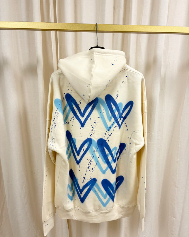 Royal Blue Heart Spray Painted Cream Hoodie Adults