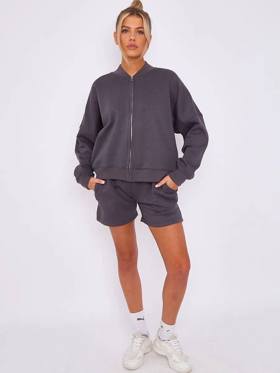 Oversized Bomber Style Fleece Zipper & Shorts Co-ord Charcoal Grey